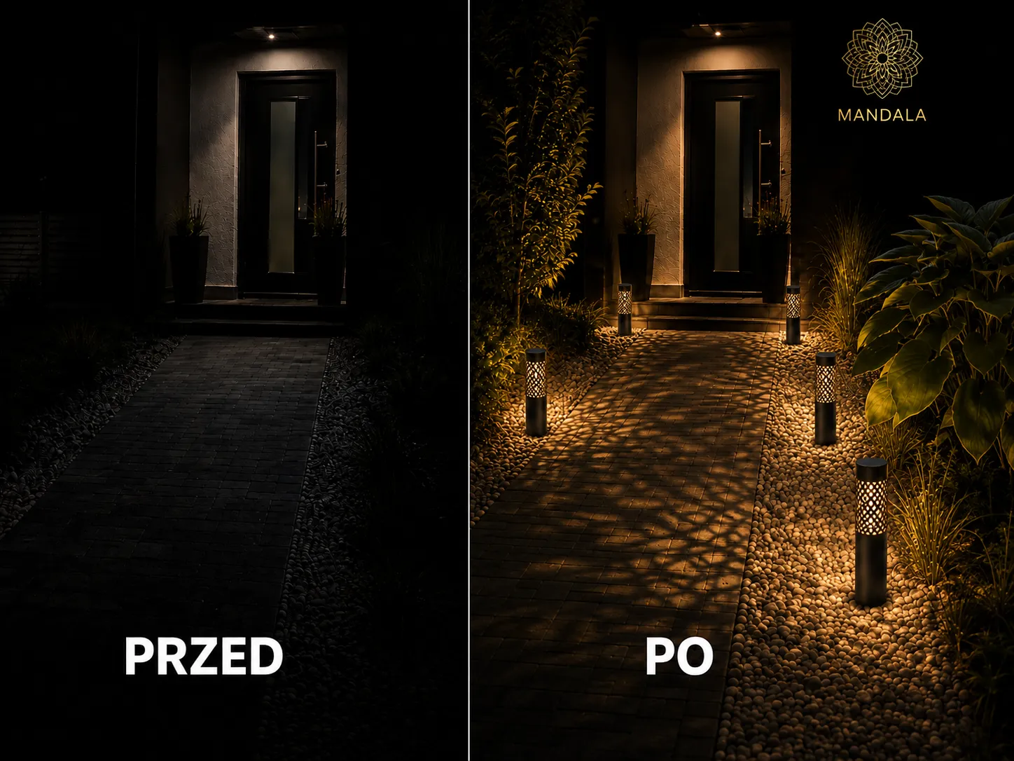 Lampa solarna MANDALA w ogrodzie po zmroku